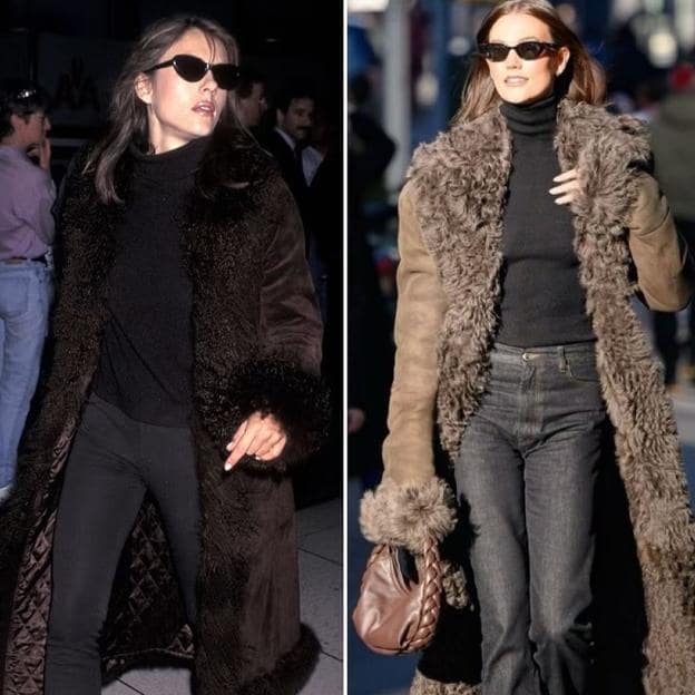 Karlie Kloss copia el look noventero de Elizabeth Hurley con abrigo de doble faz