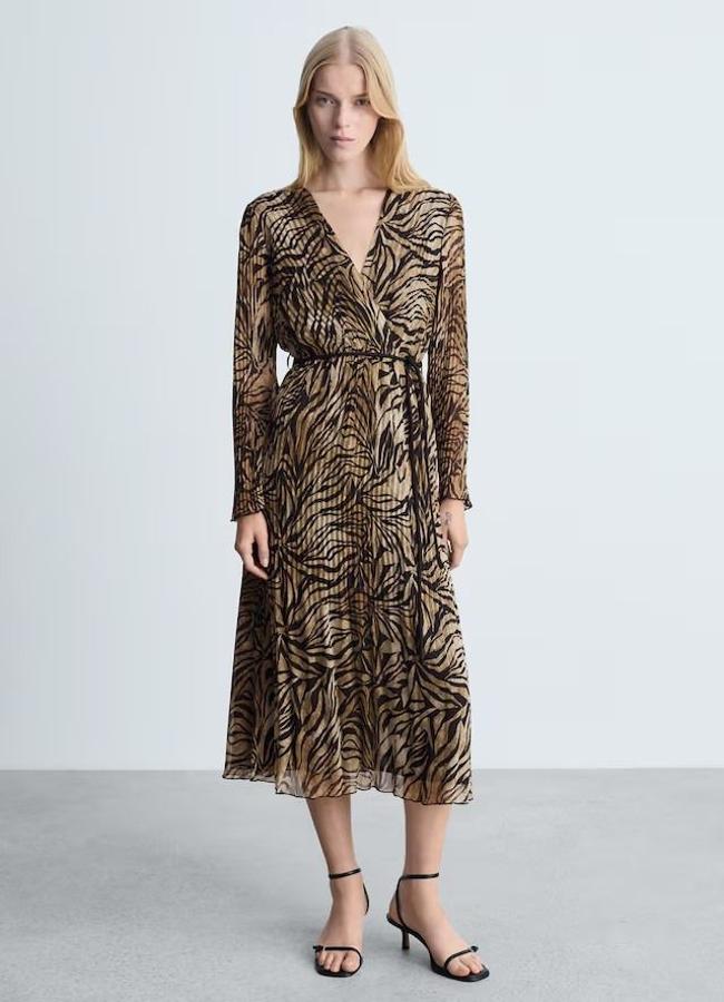 Vestido midi animal print plisado