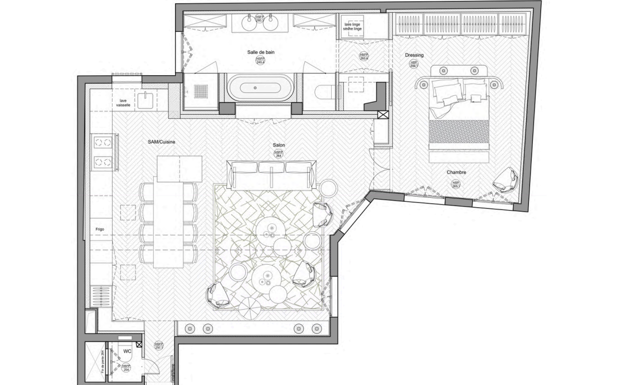 Plano del apartamento después de la reforma, con espacios abiertos.