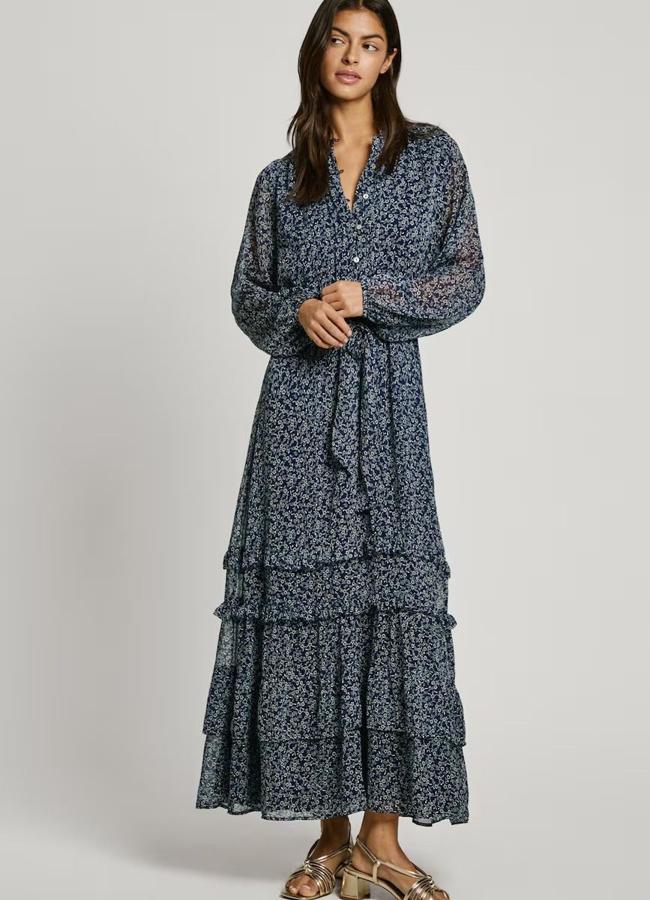 Maxi vestido estampado con volantes